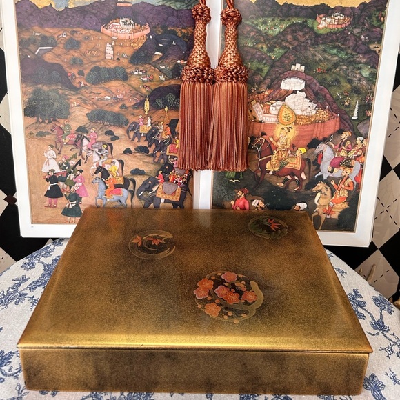 Japanese Gold Lacquered Large Box Black Interior| Cherry Blossoms Storage Decor - Picture 3 of 16